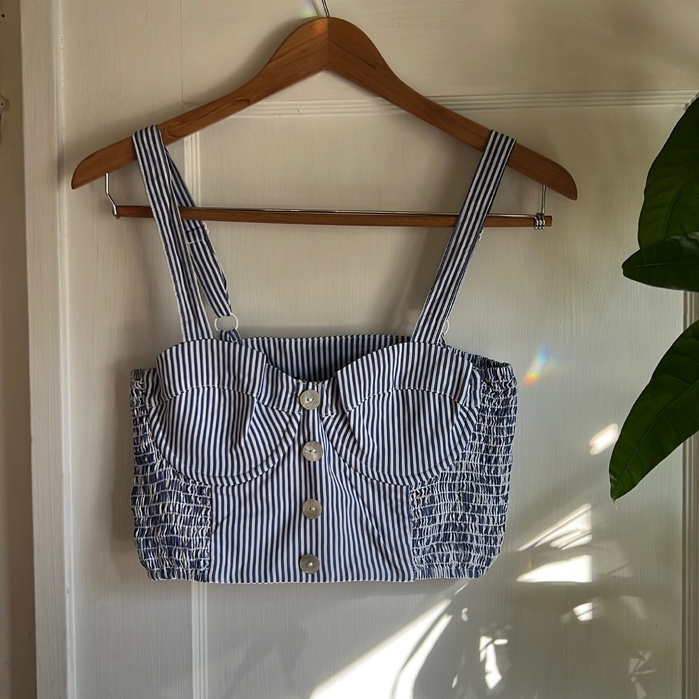 Vanessa Mooney, Blue and White striped crop top